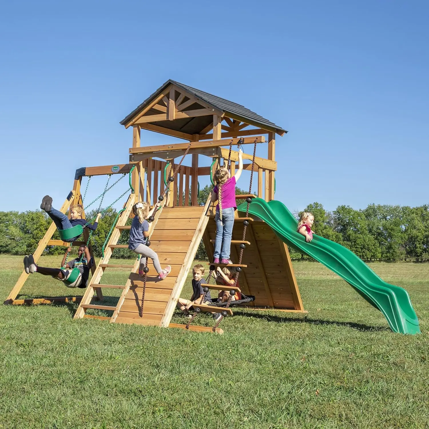 Endeavor All Cedar Wood Swing Set Playset for Backyard with Large Clubhouse Wave Slide Rope Ladder Rock Climbing Wall Wave Slide