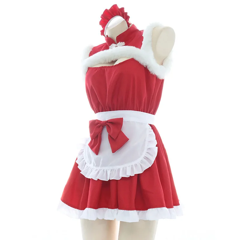 Anime cosplay natal trajes femininos arco kawaii lolita sexy vinho vermelho empregada roupa vestido de pelúcia presente de natal festa traje pijamas