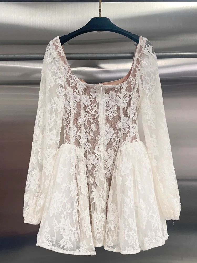 DFDG femmes 2025 élégant concepteur col carré dentelle broderie découpé a-ligne robe printemps été mode fête robe de plage