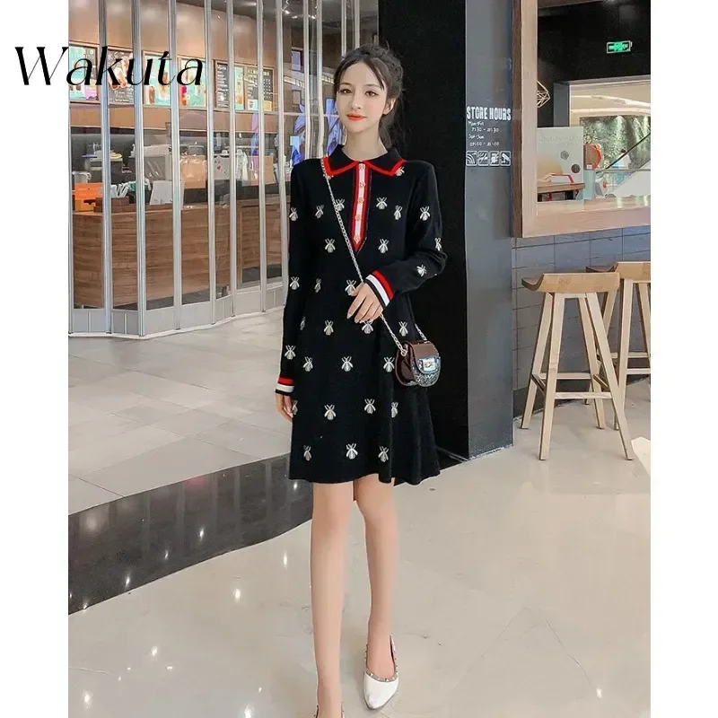 WAKUTA Elegant Spring Summer Knit Cartoon Embroidered Polo Gowns Woman Plus Size Casual Knee-length Straight Dresses Female2024