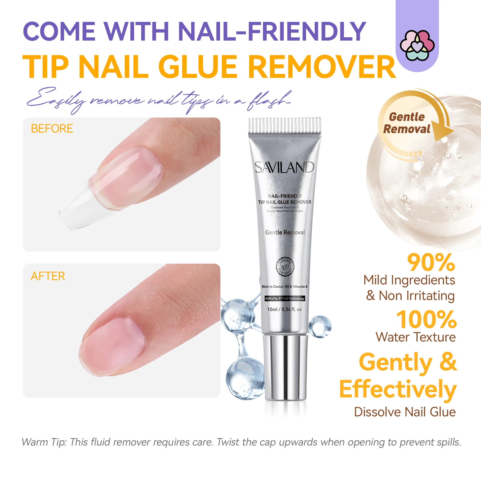 SAVILAND Semi Solid Nail Glue Gel 10g with Quick Remover 10ml No Curing Needed 30 Days Wear Fast Removal for Press On Nails Tips