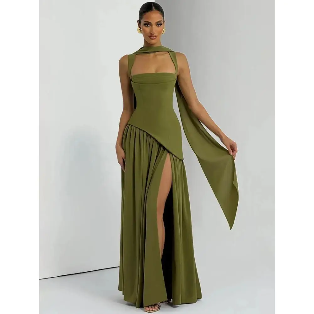 Vierkante kraag backless sexy maxi-jurk damesjurk elegante mouwloze dij hoge split geplooide club party lange jurk - afbeelding 2