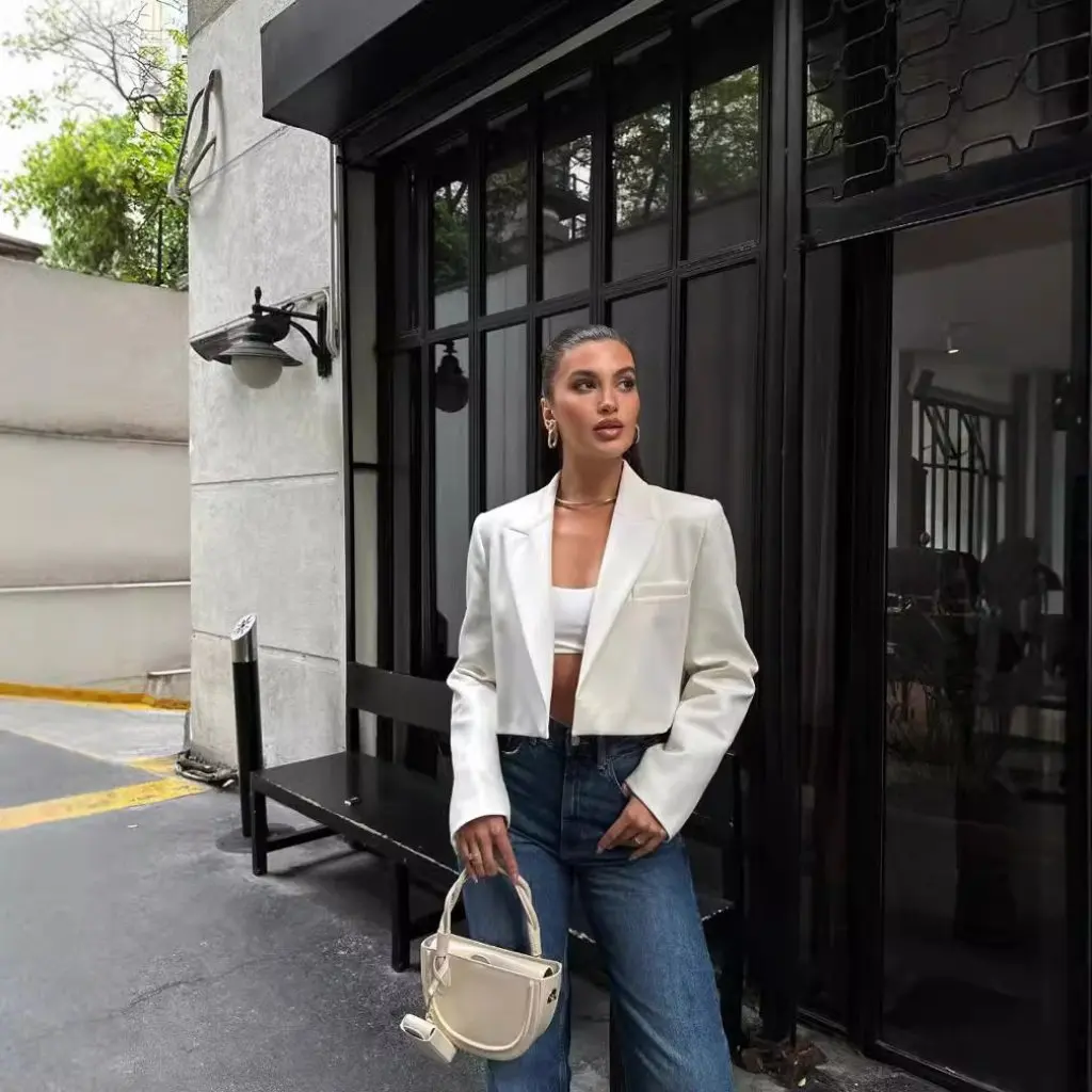 

Women's European American Style Solid Color Slim Fit Suit Jacket Autumn Simple Temperament Long Sleeve Short Coat