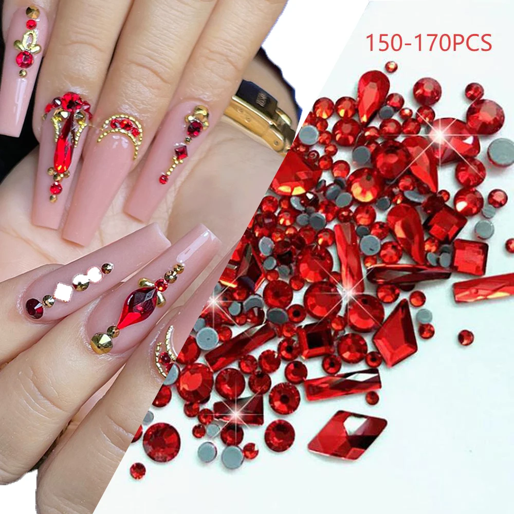 150-170 قطعة/الحقيبة ثلاثية الأبعاد الأحجار الكريمة الحمراء مسمار الفن حجر الراين مختلط الشكل فلاتباك كريستال مسمار الأحجار الكريمة هالوين مهرجان حفلة مسمار الديكورات #1