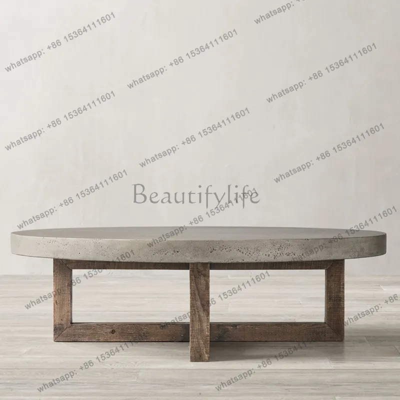 YJ American Simple Designer Imitation Cement Color Retro Coffee Table Round Side Table Solid Wood Living Room