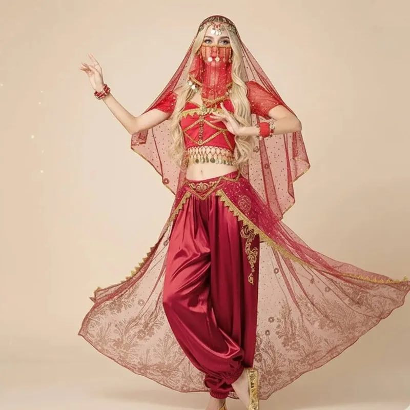 

Костюм арабской принцессы для женщин: Набор для косплея Жасмин с шароварами, вуалью для лица и нарядом для танца живота на Хэллоуин