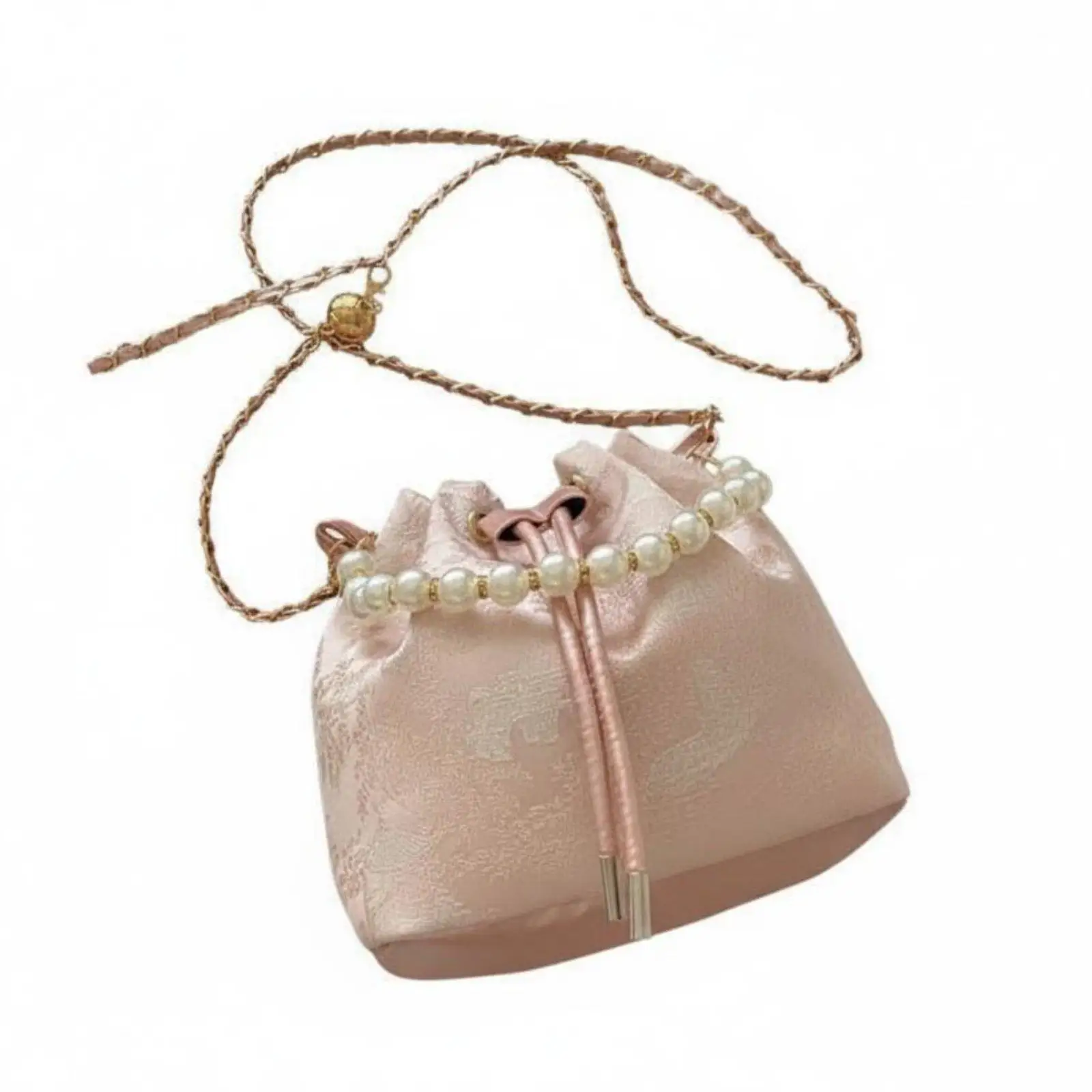 Chinese Design Crossbody Bag Elegant Embellishments Drawstring Bucket Bag Vintage Influenced Pearl Handle Purse for Party,
