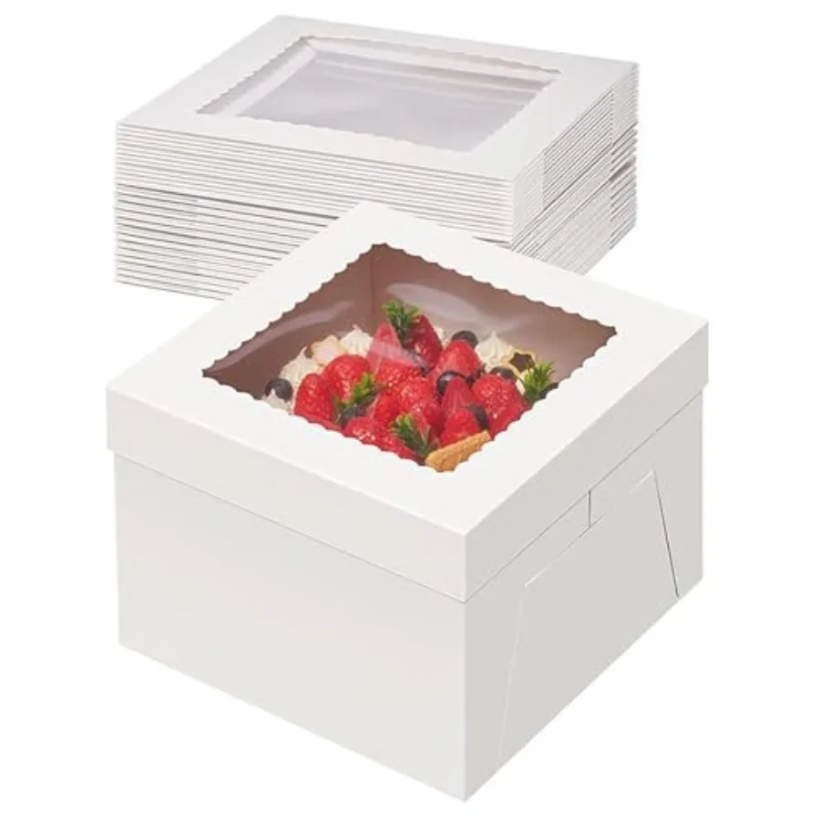 

8x8x8 Cake Boxes 6pcs 8 Inch with Window Clear Bakery Dessert Box Square White Disposable Bakery Box for Cakes Pastries Chocola