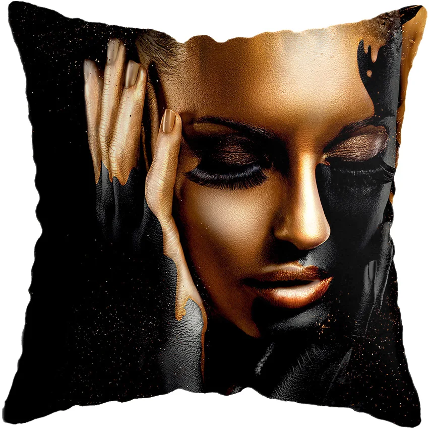 Modern Living Room Black Gold African Lady Woman Style Look Art Deco Sofa Pillowcase Cushion Cover