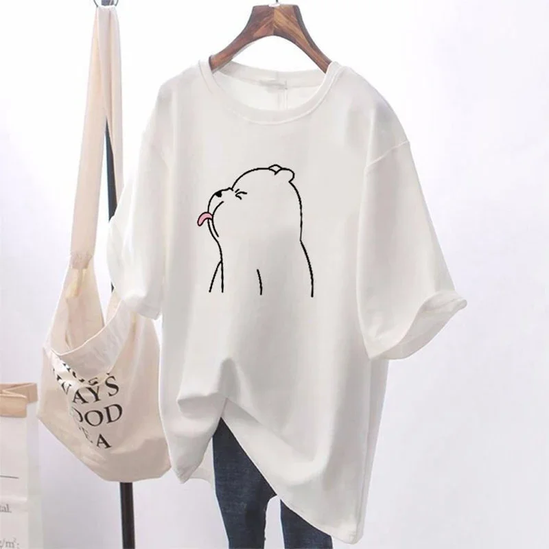

Loose women's cartoon printed T-shirt, round neck sweater, basic, casual, short sleeved, pure cotton