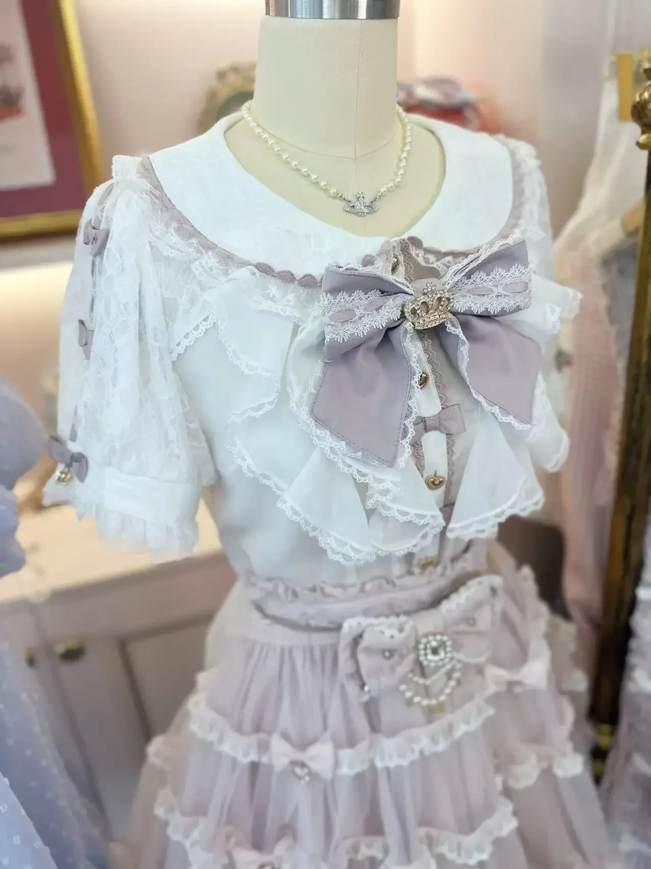 

Japanese Style New Summer Crown Big Bow Women's Sweet Short-sleeved Shirt Fungus Edge Lace Lolita Blouse Tops Womens Tops