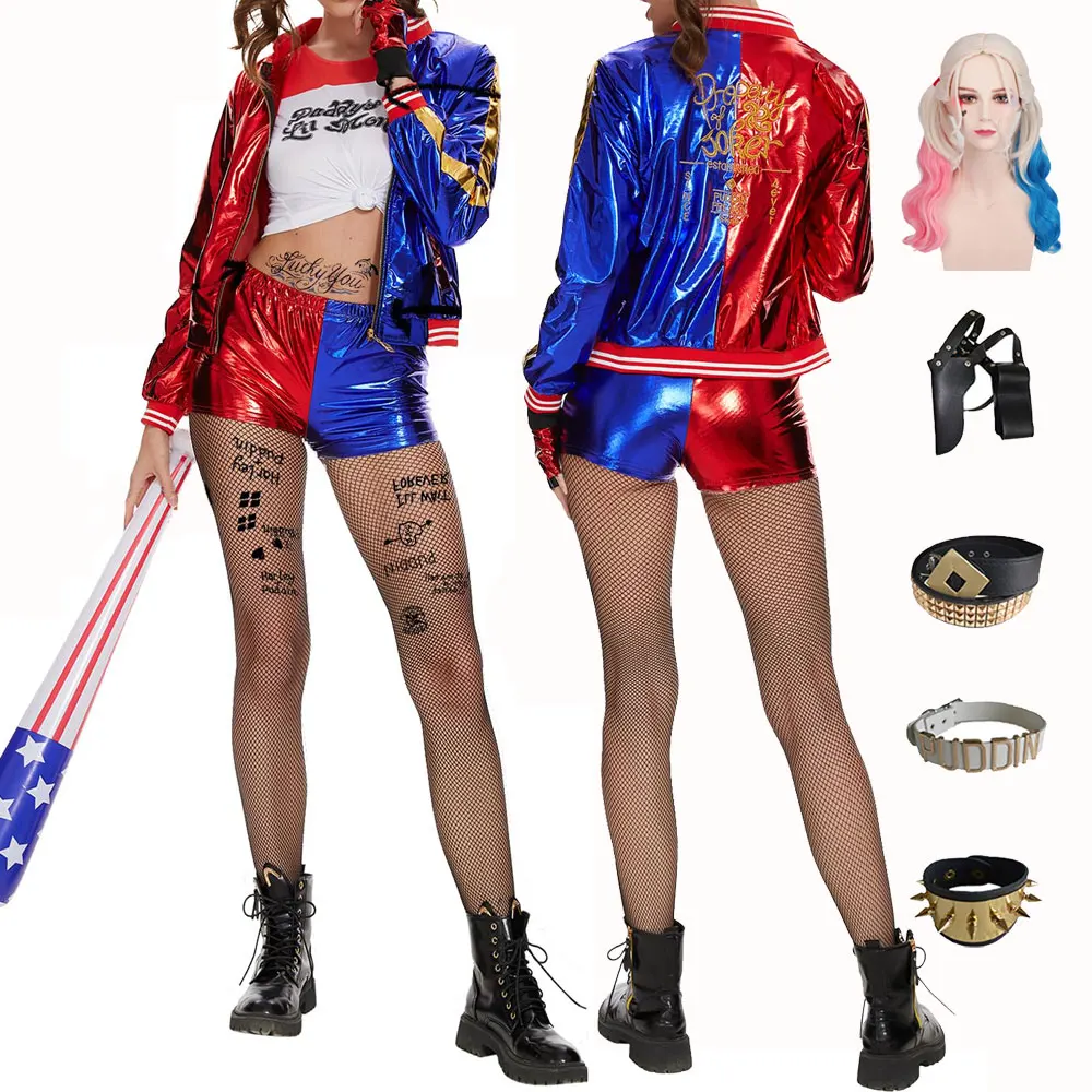 Disfraz de Harley del escuadrón para niñas y mujeres, chaqueta cosida Quinn, pantalones cortos, camisa, guantes, fiesta, Cosplay, Purim, disfraz de Halloween