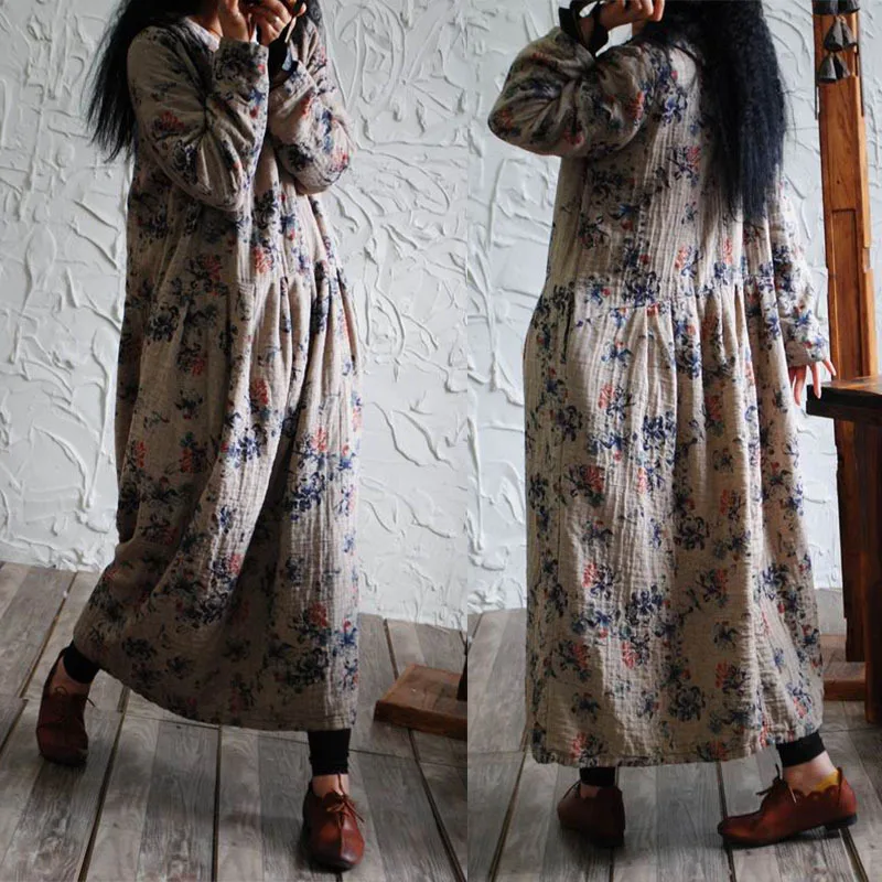 

2023 Atumn New Shivering Cotton Hemp Long Dress Vintage Large Hem Round Neck Art Slim Loose Robe Free Size 4 Colors