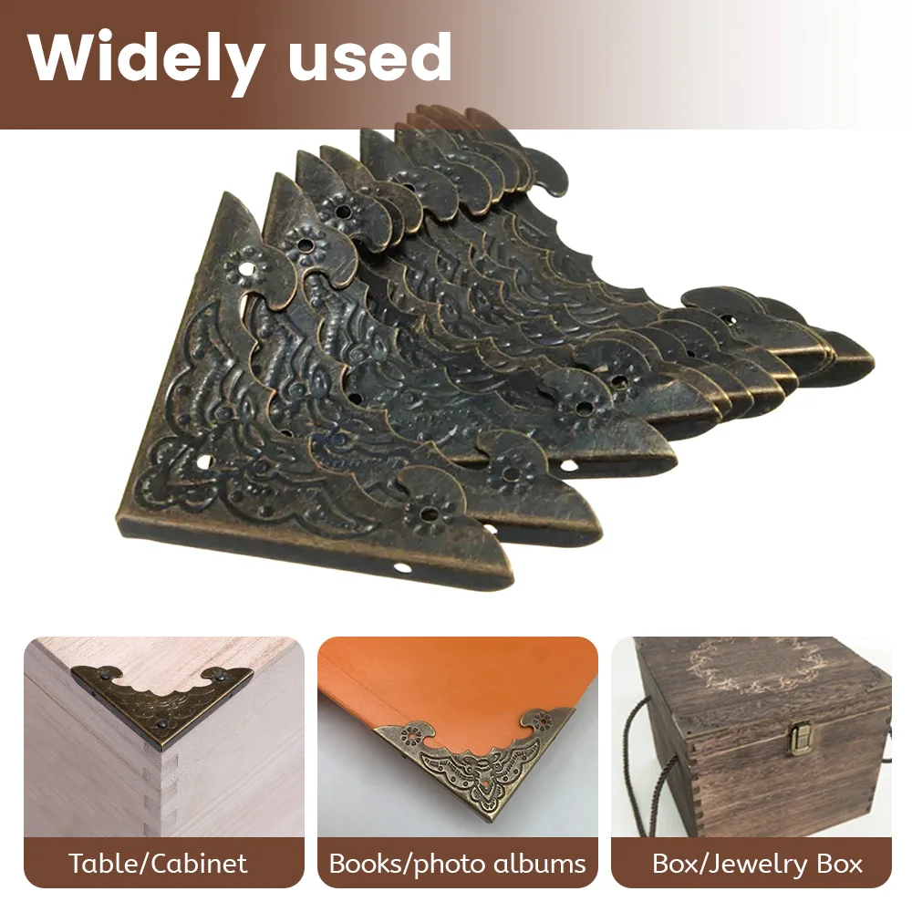 12 Uds. Caja de joyería antigua, pie de esquina, caja de madera, Protector de esquina, patrón de flor en tono bronce, artesanías de Metal tallado 40X40mm