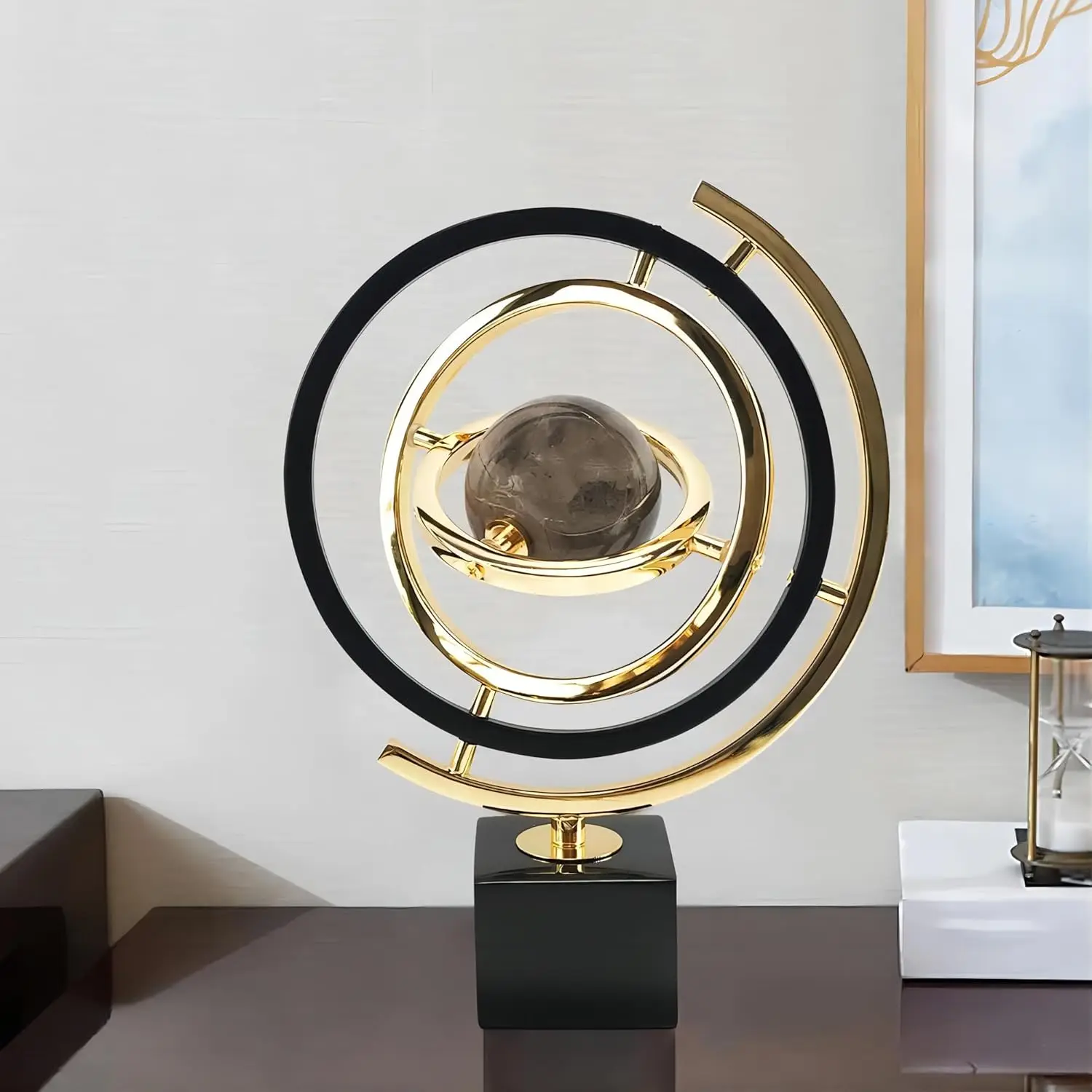 Modern Sculpture Decor Abstract Art Decoration Metal Globe Ornament Living Room Decor with Rectangle Stand Black & Gold