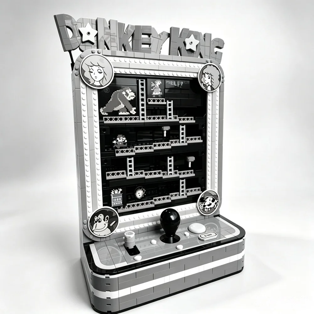 Coin-Op Game Cabinet Set, Ape Boss on Steel Girders & Climbing Hero Diorama, Nostalgic 80s Arcade Model for Fans Friends