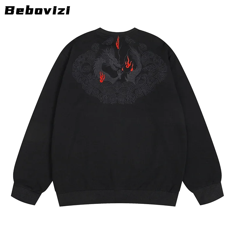 Hipster Men Streetwear Hip Hop Chinese Dragon Back Embroidery Black O-neck Sweatshirt Pullover Harajuku Japanese Style Clothing