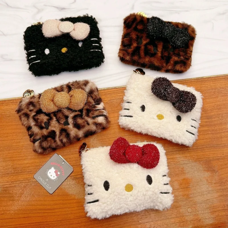

Плюшевая сумка для хранения с изображением Hello Kitty, с леопардовым принтом, пушистая, милая, с черным бантом, сумка для косметики, сумка для помады, сумка для наушников.