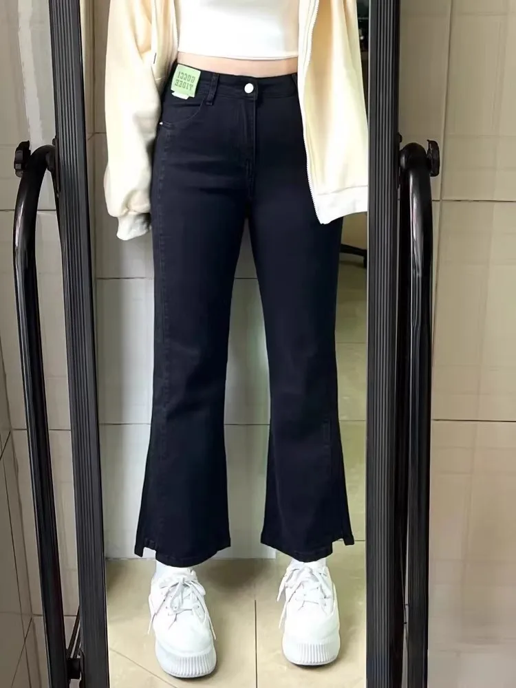 

High Waist Bell Bot Jeans Women's Spring plus Size Conceal Hip Nine Points Slim Long Pants Comfortable Stretch Denim