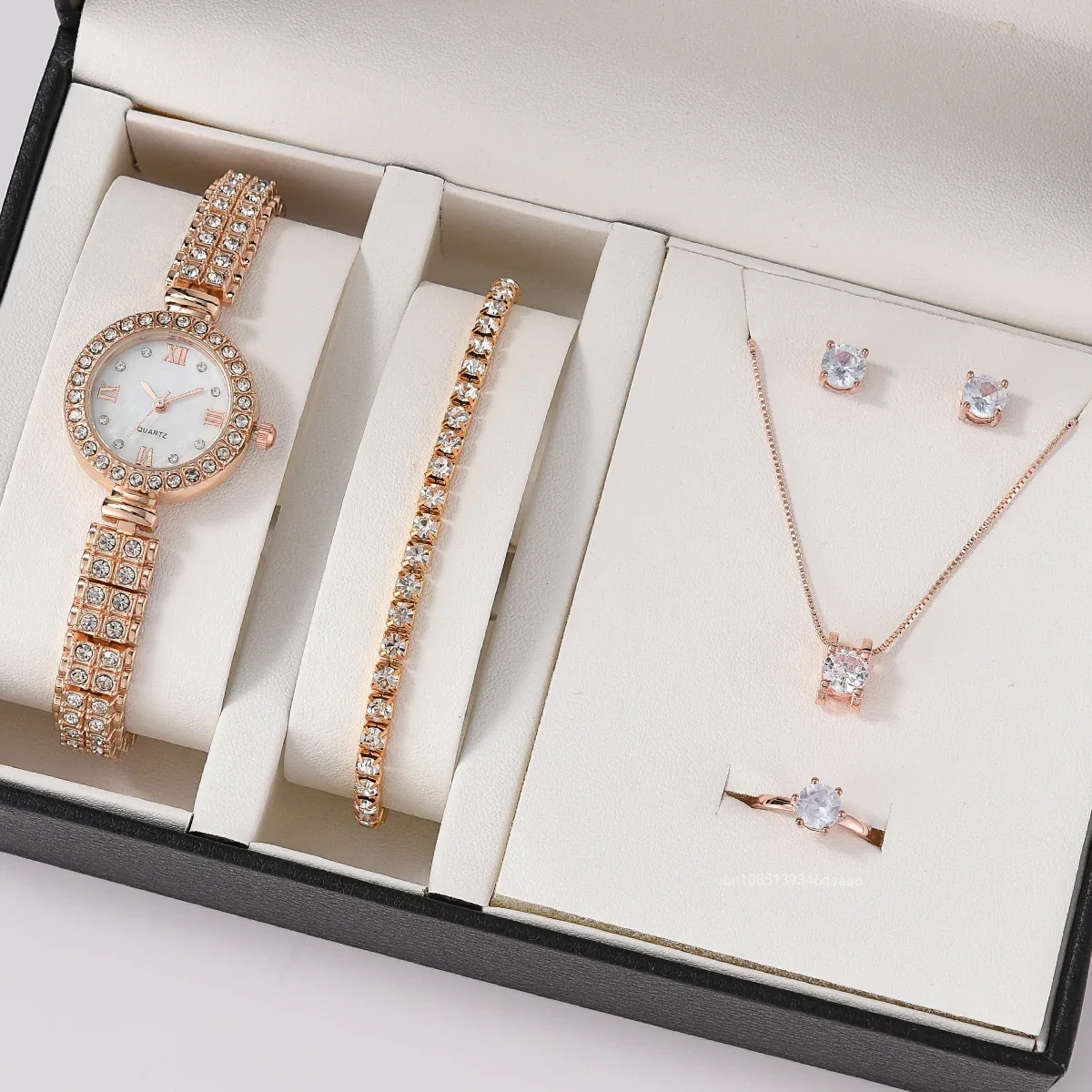 6pcs/set Jewelry Sets Women Quartz Watch Luxury with Stainless Steel Strap Clock Rhinestone Ring Necklace Earrings (no Box)