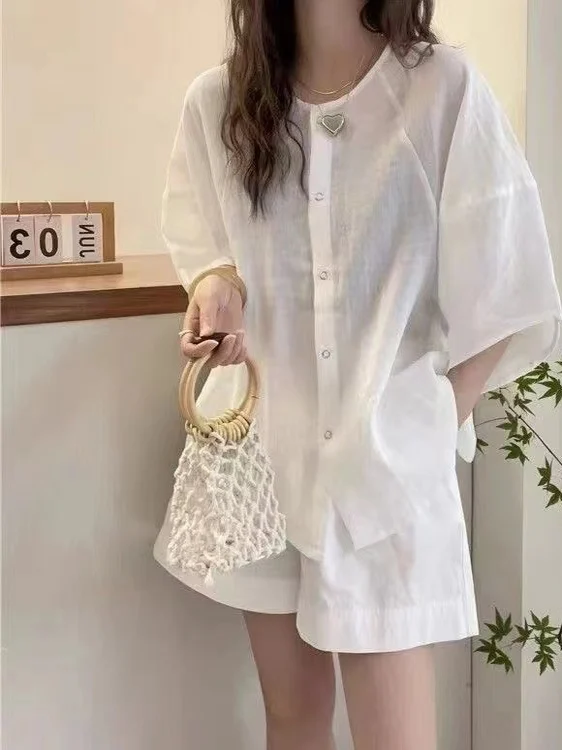 Japanese Sle Artistic Linen ort Sve irt Women's Summer Versatile Loose Casual round Ne Lightweight Cotton Linen Ca...