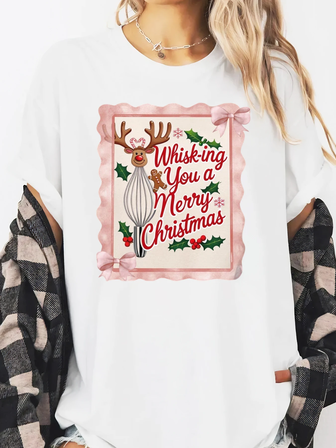 T-Shirt de vacances imprimé fouet de renne joyeux noël pour femme, tenue décontracté, blanc, grande taille