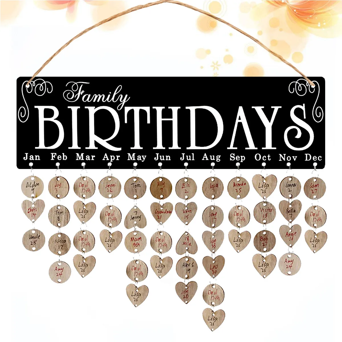 

Wooden Birthday Celebration Planner Board 50 Round 50 Heart Pendants String Together Custom Name Date Calendar Home Ornament