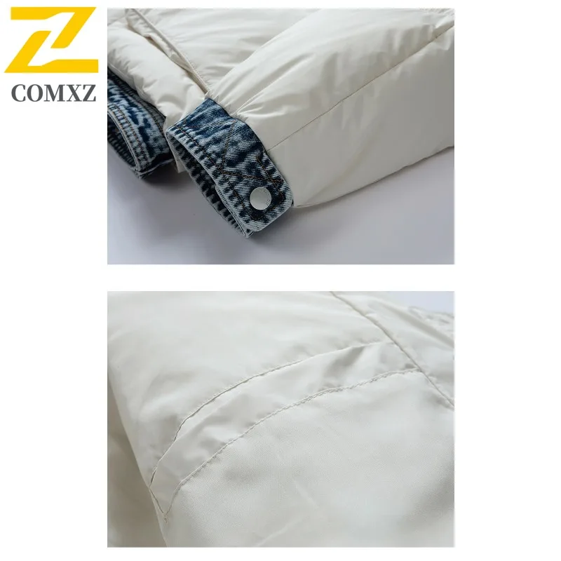 COMXZ New Puffer Jacket High Street Fake Two-Piece Cotton Coat Warm White Duck Down Jacket Winter Wear Versatile Puffer Coat