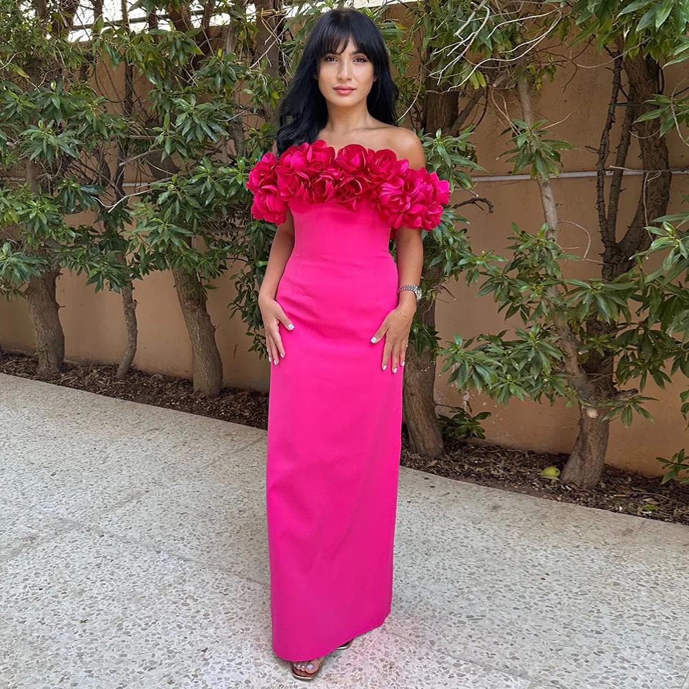 

Elegant Prom Dresses Hot Pink 3D Flowers Off the Shoulder Column Prom Gowns for Women 2025 Back Split Backless Formal Party Gown
