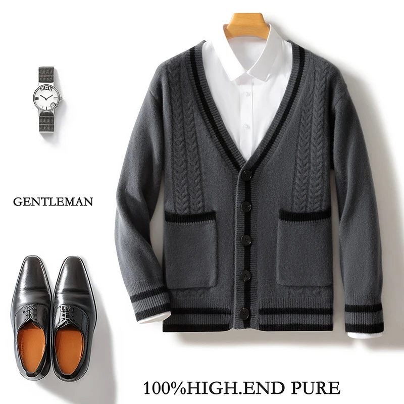Cardigan in maglia con doppia tasca color block in lana merino al 100% Cashmere morbido maniche lunghe Abbigliamento da uomo confortevole e di base