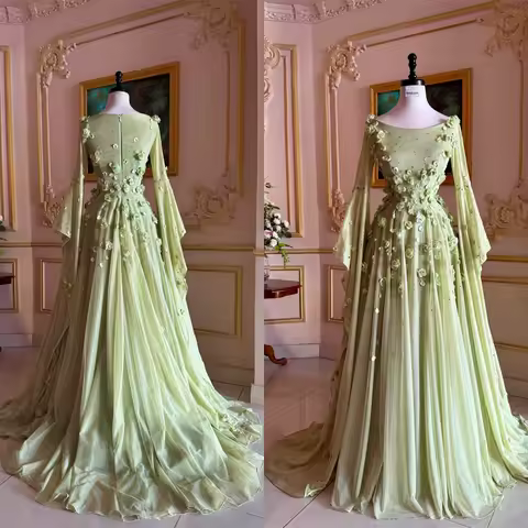 Customized Temperament Green Chiffon Evening Dress Exquisite Long Sleeves Scoop Homecoming Dress Special Occasion Gow