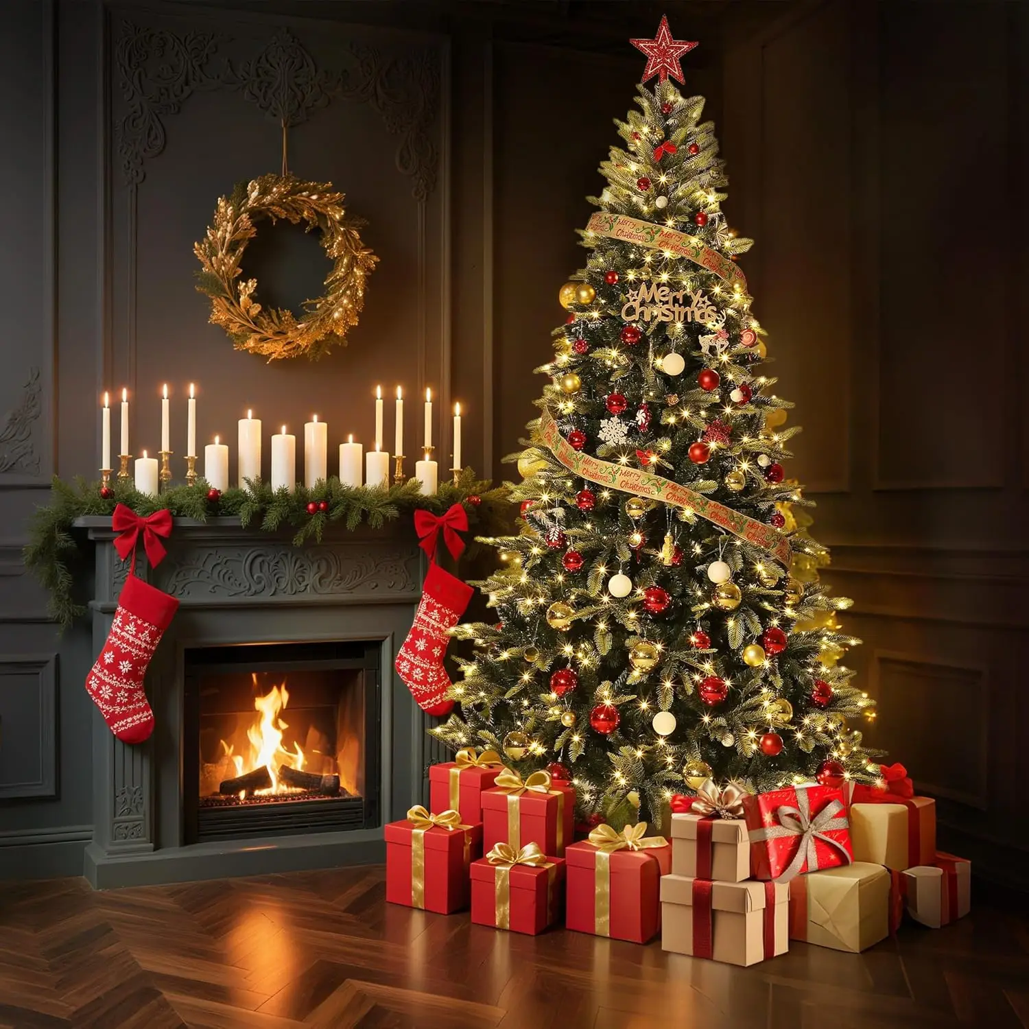 

6.5FT/7.5FT Pre-Lit Pencil Christmas Tree With Warm White Lights Auto-Hinged Expansion For Porch Party Office and Home Decor