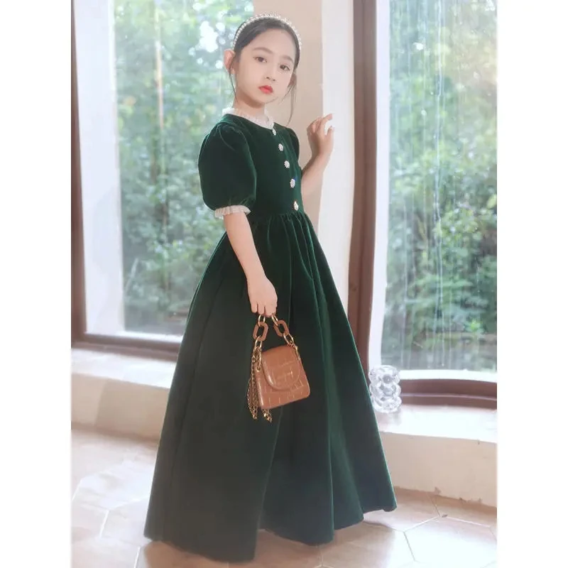 Autumn Green Ball Gown Flower Girl Dress Velvet Long Princess Dress for Weddings Pageant Prom Christmas New Year Formal dresses