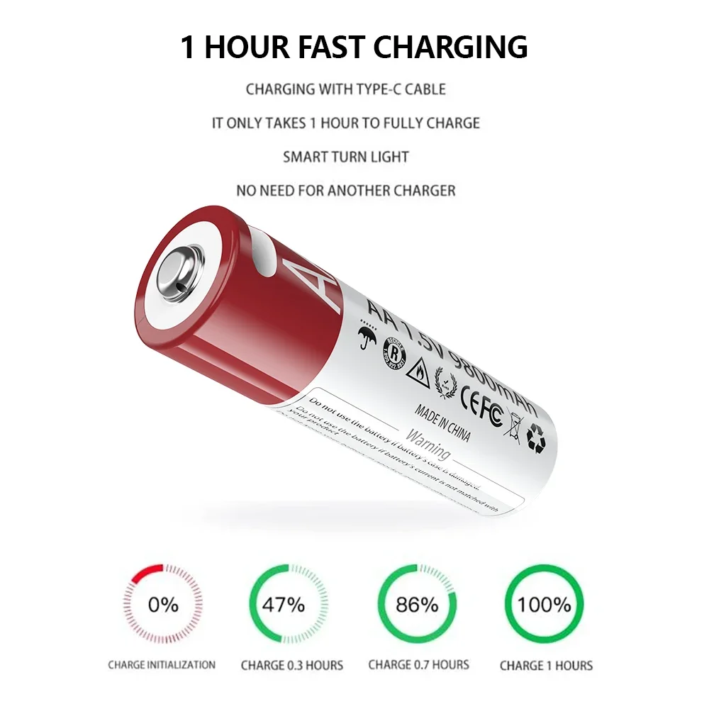 

USB AA Rechargeable Batteries 1.5V 9800mAh Li-ion battery for remote control mouseElectric toy battery + Type-C Cable