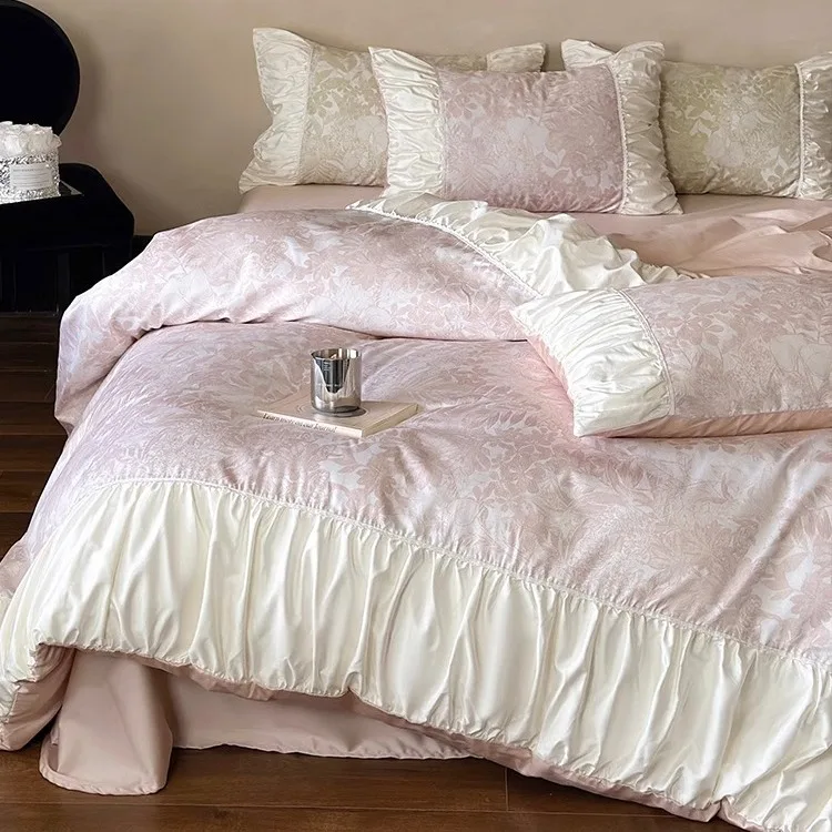 1 French style girl's heart nude bed single four piece set, made of pure cotton 100S long staple cotton duvet cover, high-end fe