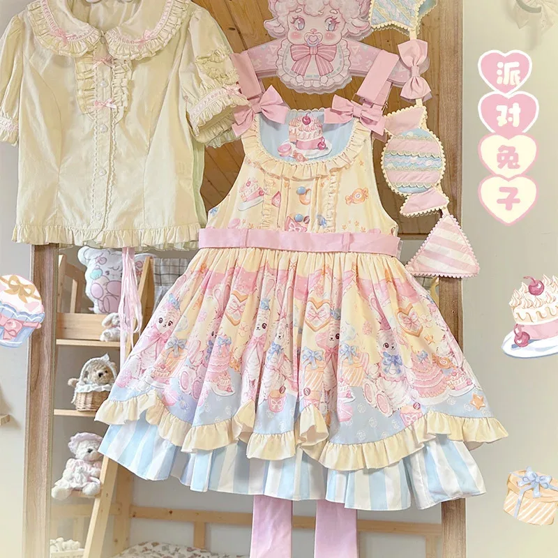 

DY20Japanese Sweet Lolita OP Dress Summer Girls Cute Lace Bow Strawberry Bunny Tea Party Dresses Women Harajuku Kawaii Chic Vest