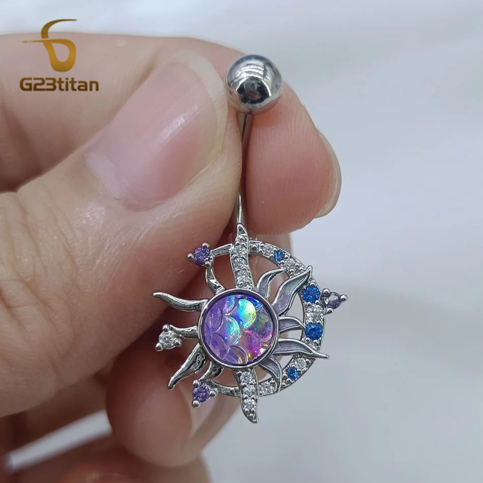 G23titan Moon Sun Zircon Belly Button Ring 6-16mm Titanium Piercing Navel Ring Women Body Sexy Jewelry Summer Beach Accessory