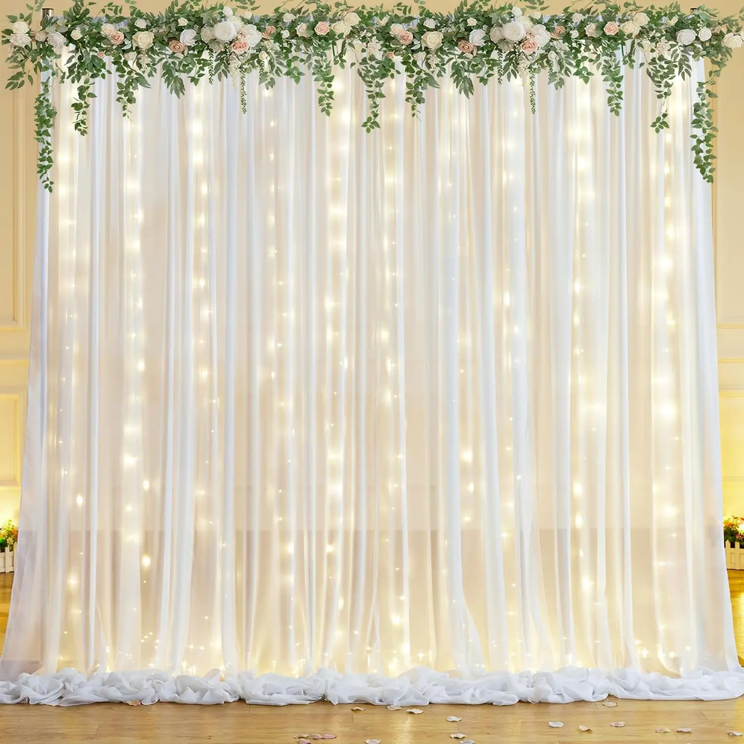 

10x10ft Ivory Chiffon Backdrop Curtain with Twinkle Lights for Wedding Parties Baby Shower, Tulle Backdrop Curtains for Birthday