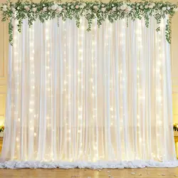 10x10ft Ivory Chiffon Backdrop Curtain with Lights String for Wedding Parties Baby Shower, Tulle Backdrop Curtains for Birthday
