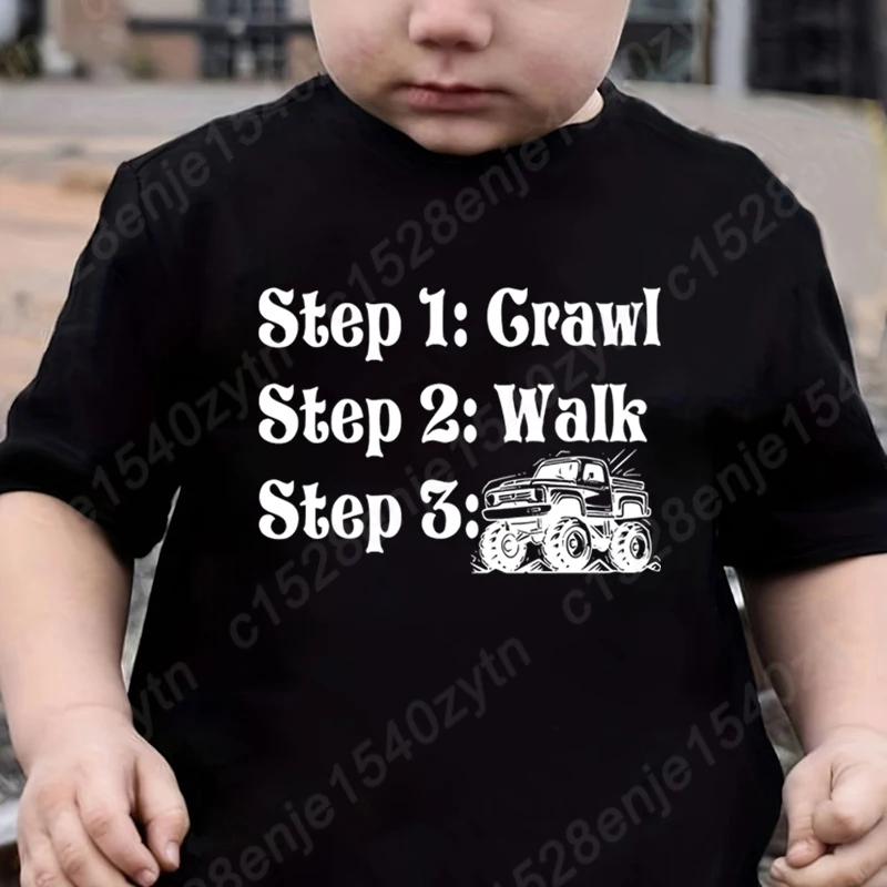 

Summer Children's Clothes Step 1 Grawl Step 2 Walk Step 3 Truck Graphic T-shirt Kids Boys Short Sleeve Round Neck Tee Shirt Tops