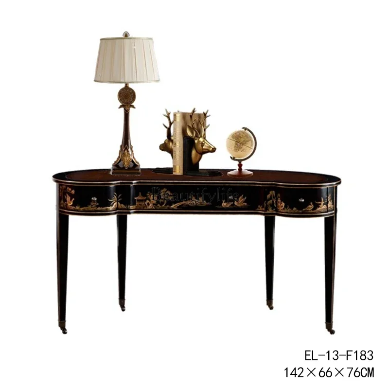 

yj5 French Luxury Painted Solid Wood Birch European Neoclassical Heavy Black Oval Waist Shape 1.4m Painting Desk