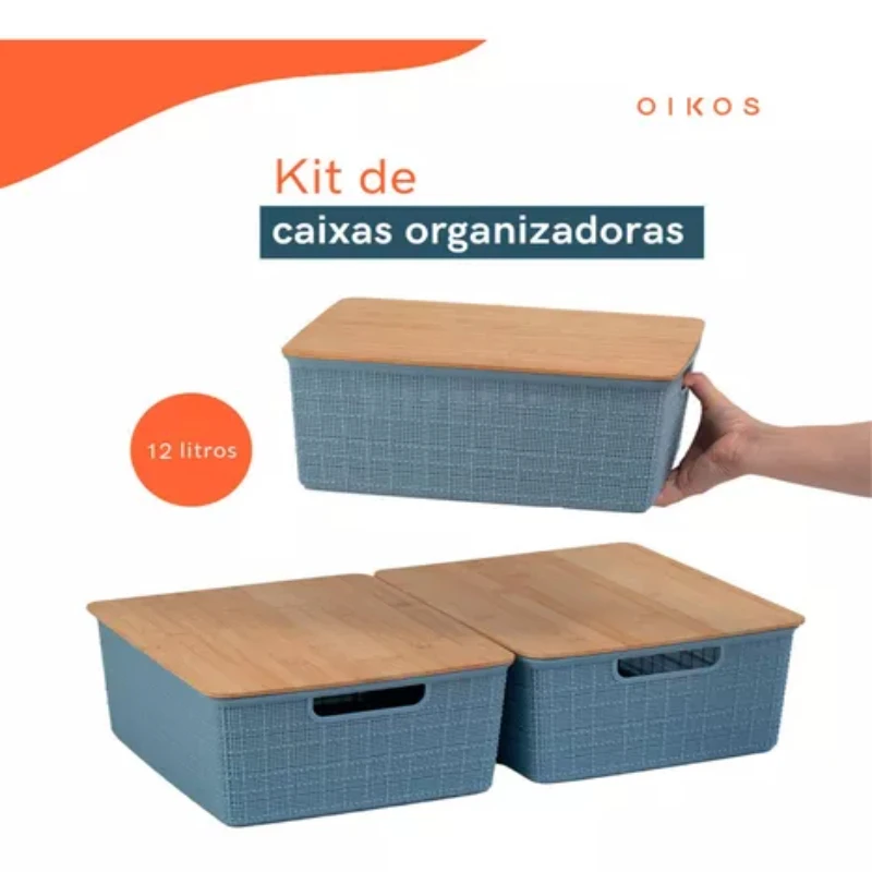 3 Organizing Boxes C/ Bamboo Lid 12l Blue-   Organization Boxes