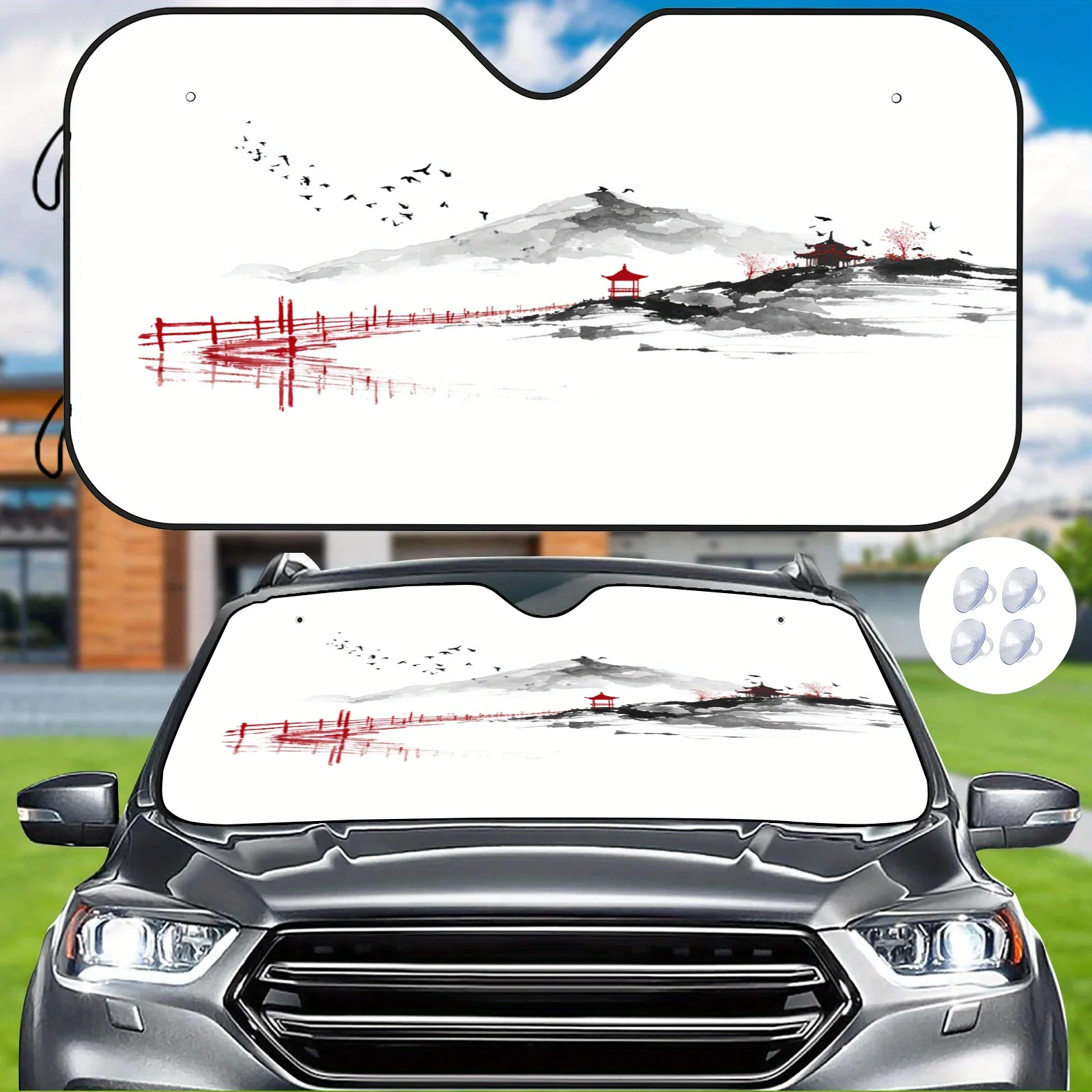 Ink Wash Landscape Car Sunshade With Traditional Design, Heat Insulation To Keep The Interior Cool, Includes 4 Additional Suctio