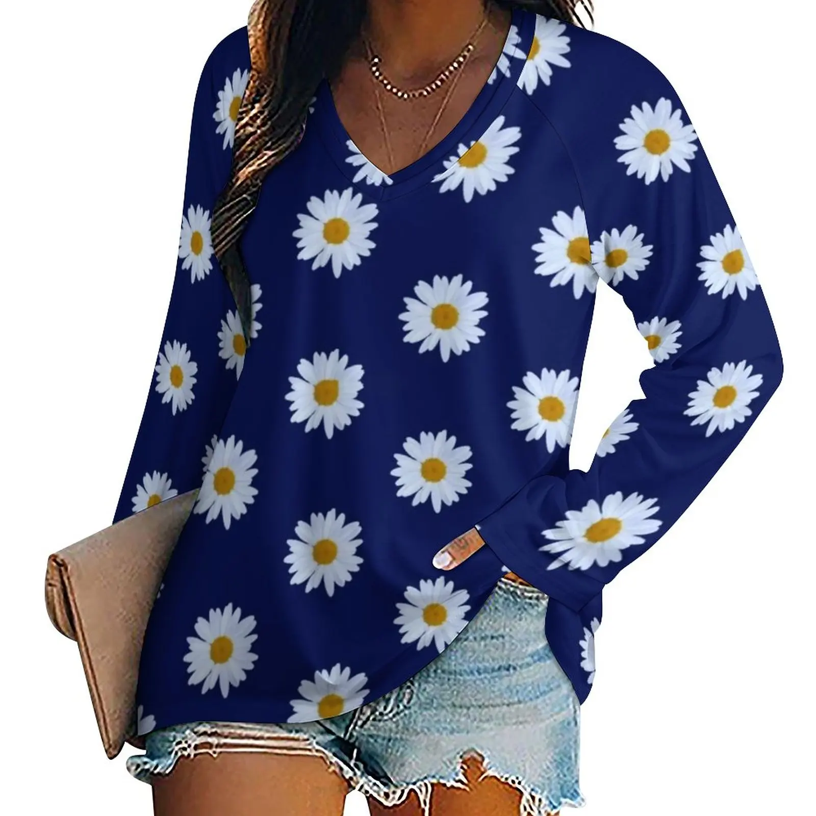 White Daisies T Shirt Daisy Delight Floral Print Cute Long Sleeve T-Shirts Female V Neck Korean Fashion Tee Shirt Big Size Tops