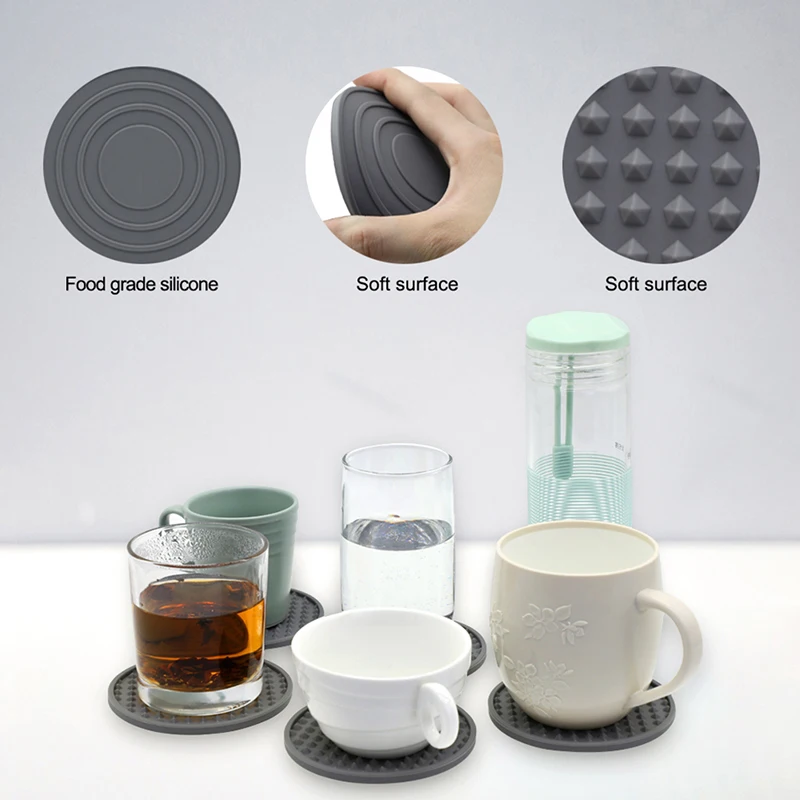 Set of 6 Silicone Coasters for Drinks Dual-Sided Round Cup Mat With Holder Stand Jar Gripper Pads with Deep Grooved gass