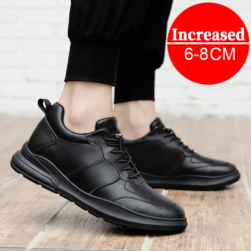 Men\'s Leather Sneakers Elevator Shoes Black Slip On Height Increasing Shoes Men Luxury 6/8CM Fashion Lift Casual Shoes