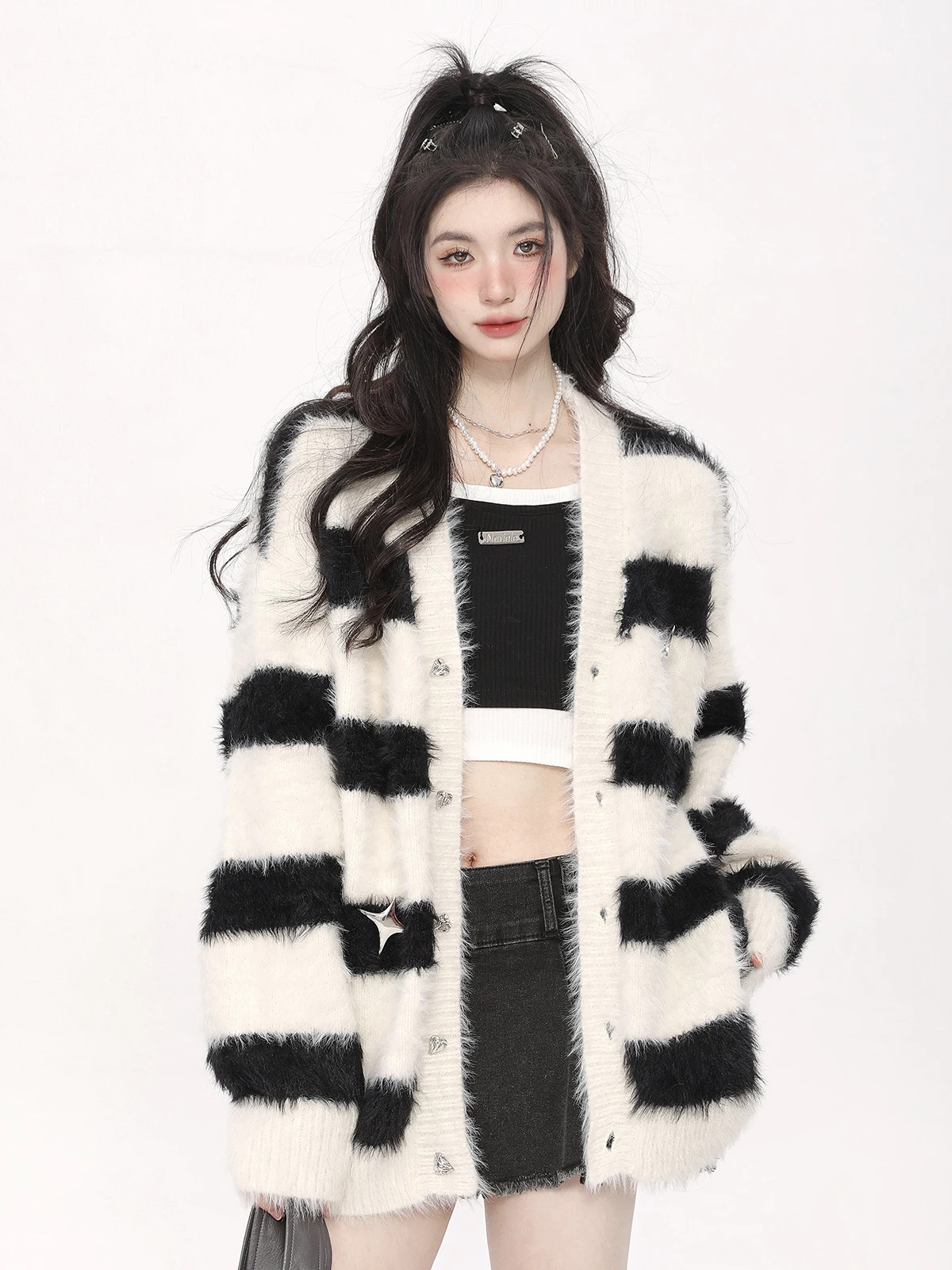 

Trendy AONW Brand Loose Fit Striped Knitted Cardigan Sweater Faux Fur Outerwear Casual Versatile Winter Warm Top