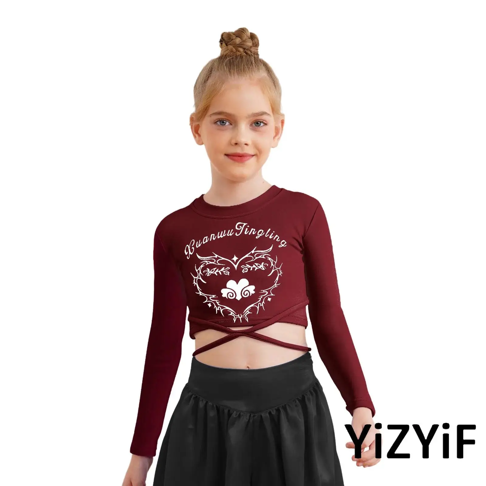 

Girls Jazz Dance Top with Lace Up Heart Design And Letter Print Detail Long Sleeve Crop Tee for Hip Hop Practice T-shirt Costume