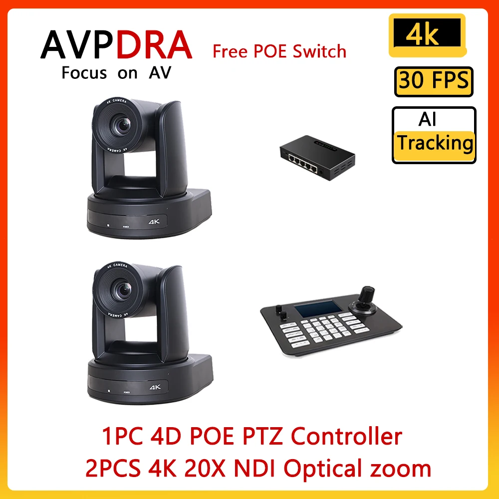 

2PCS 4K 10X/12X/20X Conference Camera NDI SDI USB HDMI PTZ Camera and 4D POE Joystick Network Controller for Business Meeting