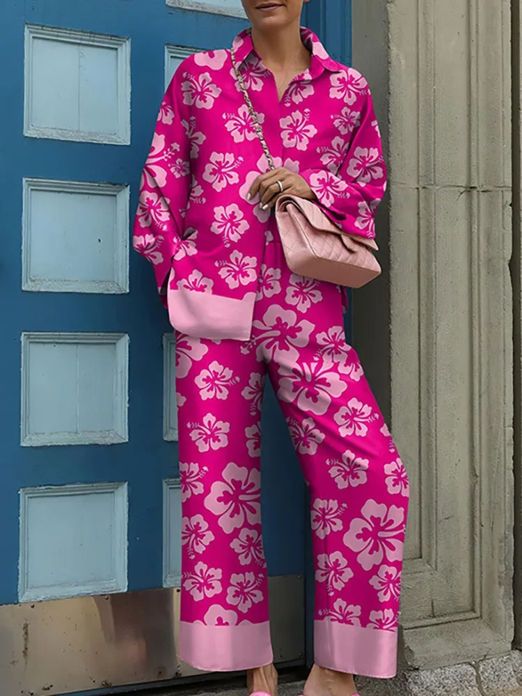 Spring New Loose Vintage Printed Pajamas Set Loungewear Sleepwear for Women 2 Pieces Long Sleeve Big Size Pyjama Tracksuit 2025